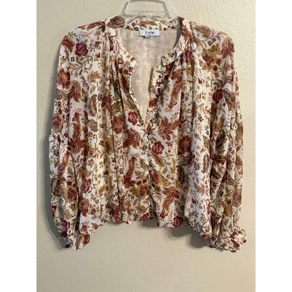 Fate Floral Print Blouse Long Sleeve Gathered Cuffs Cream Multiā Size S